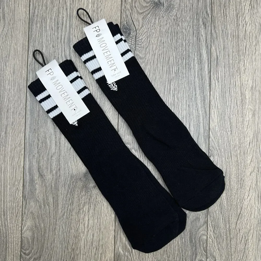 2 Pack Free People Movement Logo Stripe Tube Socks Black Lucky Honey One Size